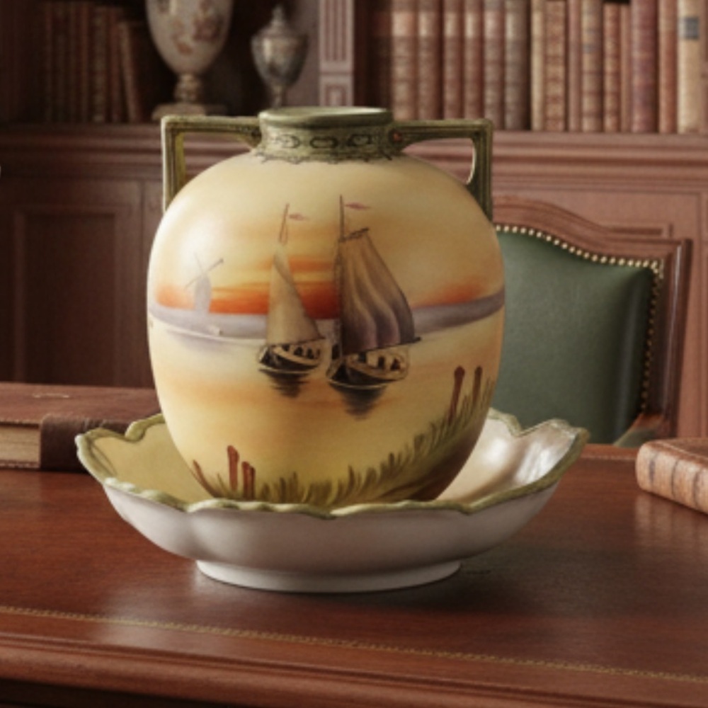 Old Noritake Handpainted Vase & Dish Sailing Ship‎ Windmill Japan